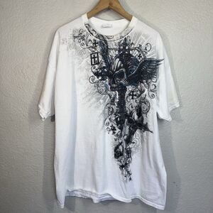 VTG Gildan Heavy Cotton T Shirt White Y2K 2000s Gothic Cross Graphic Men 2XL